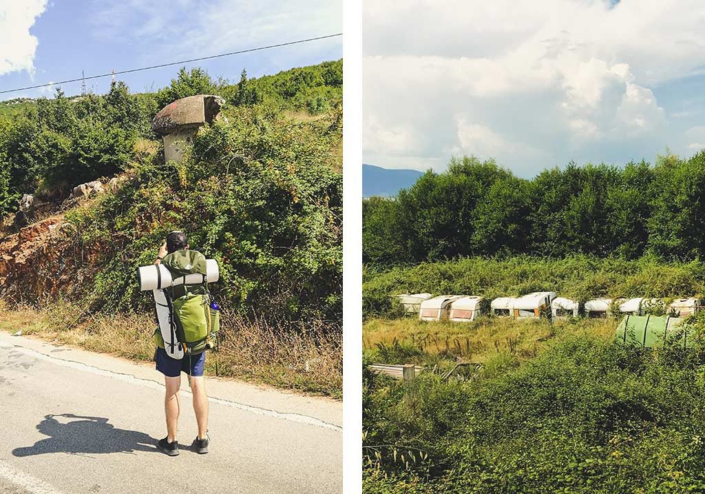 bunkier i przyczepy kampingowe na granicy albańsko-macedońskiej