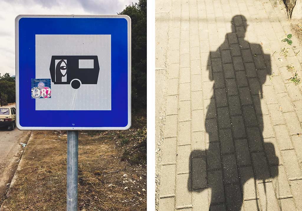 wlepka noriakiego na znaku drogowym w macedonii