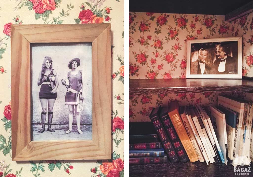 książki i zdjęcia oprawione w ramki w barowej toalecie w kiszyniowie