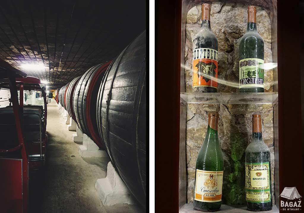 korytarze pełne beczek w winnicy cricova i stare egzemplarze win w gablocie